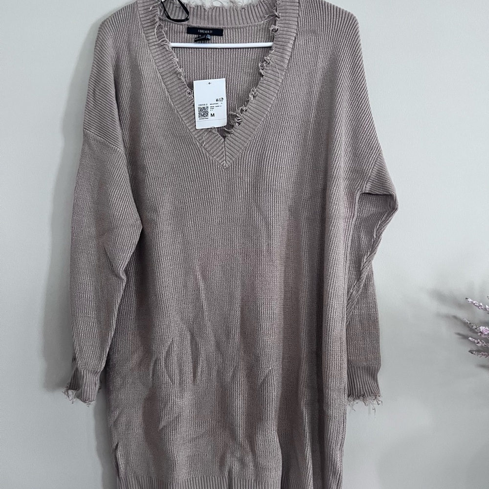 Forever 21 Frayed V-Neck Knit Sweater Dress - Taupe